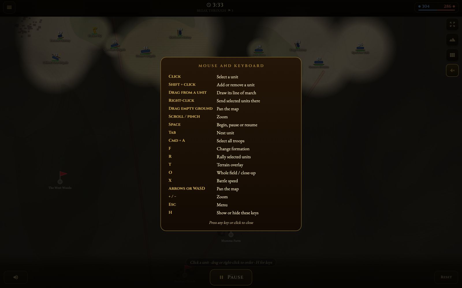 The Mac version's keyboard reference over a battle