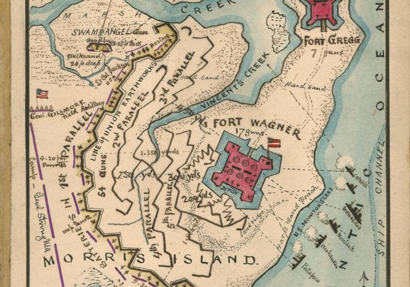 Gillmore's earthworks in front of Fort Wagner on Sneden's map, in Civy War