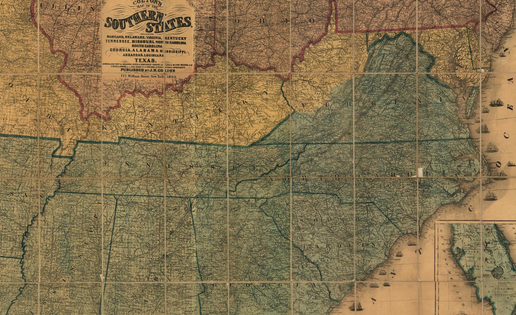 Colton's 1862 map of the seat of war, with every battle marked